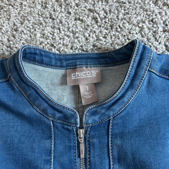 Chicos Womens Sz Medium Denim Jacket With Zip Closure Cotton Blend Blue - Picture 3 of 10